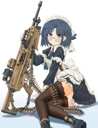 Rule 34 | .338 norma magnum, 1girl, ammunition, ammunition belt, anti-materiel cartridge, apron, aqua eyes, arm support, ascot, belt-fed, black dress, black thighhighs, blue ascot, blue hair, bullet, closed mouth, collared dress, commentary request, dress, frilled dress, frills, full-power cartridge, garter straps, general-purpose machine gun, glasses, gloves, gradient background, gun, highres, holding, holding gun, holding weapon, long sleeves, looking at viewer, lying, machine gun, magnum cartridge, maid, maid apron, maid headdress, mikeran (mikelan), military cartridge, norma precision, on side, original, prototype design, revision, rifle cartridge, shadow, short dress, short hair, sig mg338, sig sauer, smile, solo, super magnum, thighhighs, weapon, white apron, white background, white gloves, wildcat cartridge