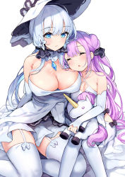 Rule 34 | 2girls, azur lane, black ribbon, blue eyes, blush, breasts, cleavage, closed mouth, commentary, criss-cross halter, denchu (kazudentyu), detached collar, detached sleeves, dress, closed eyes, garter straps, hair between eyes, hair ribbon, halterneck, hat, highres, hip vent, holding, holding stuffed toy, illustrious (azur lane), jewelry, knees together feet apart, large breasts, leaning on person, long hair, medium breasts, multiple girls, off-shoulder dress, off shoulder, open mouth, pendant, purple hair, ribbon, silver hair, simple background, sitting, sleeping, smile, stuffed animal, stuffed toy, stuffed winged unicorn, thighhighs, thighs, twintails, unicorn (azur lane), white background, white dress, white headwear, white legwear, yokozuwari, zettai ryouiki