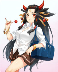 Rule 34 | 1girl, bag, bangs pinned back, black hair, bracelet, brown skirt, candy, cowboy shot, facial mark, fingernails, food, forehead mark, gradient background, hair ornament, hair over shoulder, hair stick, hair tubes, holding, holding food, horns, jewelry, kasu kazu, kisaragi (shironeko project), lollipop, long fingernails, long hair, long sleeves, looking at viewer, multicolored hair, nail polish, pinky out, pleated skirt, ponytail, red eyes, red hair, red nails, sharp fingernails, shironeko project, shirt, shoulder bag, signature, skirt, smile, solo, very long hair, walking, white shirt