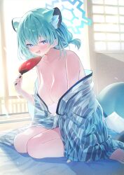 Rule 34 | 1girl, absurdres, animal ear fluff, animal ears, aqua hair, architecture, bare shoulders, bath yukata, blue archive, breasts, cleavage, commentary, east asian architecture, hand fan, higashigure, highres, holding, holding fan, indoors, japanese clothes, kimono, large breasts, light particles, looking at viewer, low ponytail, no bra, off shoulder, official alternate costume, official alternate hairstyle, paper fan, print kimono, purple eyes, shigure (blue archive), shigure (hot spring) (blue archive), sitting, solo, sweat, tail, uchiwa, wariza, weasel ears, weasel girl, weasel tail, white kimono, yukata