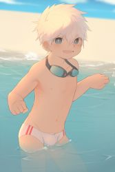 Rule 34 | 1boy, :d, backlighting, bare pectorals, beach, blue eyes, blue sky, blurry, blush, bulge, collarbone, contrapposto, cowboy shot, day, depth of field, dripping, goggles, goggles around neck, hair between eyes, hands up, ikutsuki, ion kun, looking at viewer, male focus, male swimwear, navel, nipples, open mouth, original, outdoors, pectorals, sky, smile, solo, spiked hair, standing, striped, swim briefs, vertical stripes, wading, water, white hair, white male swimwear
