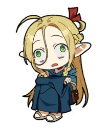 Rule 34 | 1girl, ahoge, blue capelet, blue robe, capelet, chibi, detached hood, dungeon meshi, elf, hood, hooded capelet, long hair, marcille donato, p (pm 611a), pointy ears, robe, solo