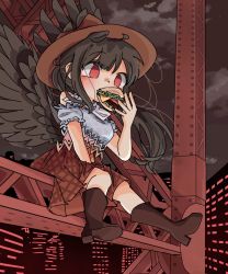 Rule 34 | 1girl, animal ears, bare shoulders, black hair, black sky, blue dress, blush, boots, breasts, brown dress, brown footwear, brown hair, brown hat, building, burger, city, cloud, cloudy sky, cowboy hat, dress, eating, feathered wings, food, hand up, hat, highres, horse ears, kurokoma saki, long hair, looking to the side, medium breasts, multicolored clothes, multicolored dress, night, night sky, off-shoulder dress, off shoulder, pegasus, pink dress, plaid, plaid dress, ponytail, puffy short sleeves, puffy sleeves, red eyes, scarf, short sleeves, sitting, sky, skyscraper, solo, steel beam, touhou, tutuntudenden, white scarf, window, wings