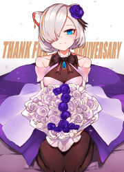Rule 34 | 1girl, absurdres, animal ear fluff, animal ears, anniversary, bare shoulders, blue eyes, bouquet, breasts, brooch, brown pantyhose, choumi wuti (xueye fanmang zhong), closed mouth, collarbone, flower, hair flower, hair ornament, hair over one eye, highres, holding, holding bouquet, hoshimi (virtuareal), jewelry, leotard, looking at viewer, medium breasts, multicolored hair, nijisanji, orange hair, pantyhose, purple flower, purple rose, rose, short hair, silver hair, sitting, smile, solo, streaked hair, thank you, virtual youtuber, virtuareal, wariza, white flower, white leotard, white rose
