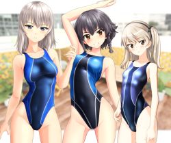 Rule 34 | absurdres, beach umbrella, bench, black hair, black hairband, black one-piece swimsuit, blue eyes, blue one-piece swimsuit, blurry, braid, breasts, brown eyes, chair, commentary request, competition swimsuit, covered navel, cowboy shot, depth of field, fence, girls und panzer, grin, hairband, head tilt, highleg, highleg swimsuit, highres, huge filesize, itsumi erika, light brown hair, long hair, looking at viewer, medium breasts, medium hair, one-piece swimsuit, one side up, parted lips, pepperoni (girls und panzer), plant, potted plant, shimada arisu, short hair, side braid, silver hair, small breasts, smile, standing, string of flags, swimsuit, takafumi, two-tone background, umbrella