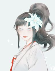 Rule 34 | 1girl, alternate hairstyle, blue eyes, blunt bangs, closed mouth, flower, folded fan, folding fan, from side, glowing flower, grey background, hair flower, hair ornament, hair up, hand fan, highres, hyuuga hinata, japanese clothes, kimono, light particles, lipstick, looking at viewer, looking to the side, makeup, naruto: the last, naruto (series), petals, red lips, side ponytail, sidelocks, smile, solo, tobu (bilibil), uchikake, upper body, white eyes, white kimono