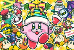 Rule 34 | 2boys, 2girls, ;d, adeleine, arms up, artist request, backwards hat, baseball cap, beanie, bell kirby, beret, blue eyes, blue headwear, bobblehat, bow, bowtie, brown eyes, brown hair, cake, channel ppp, christmas, christmas cake, commentary request, confetti, copy ability, donpuffle, eating, facial hair, fairy wings, food, green headwear, hat, headphones, jitome, king dedede, kirby, kirby (series), meat, meta knight, multiple boys, multiple girls, mustache, nintendo, official art, one eye closed, open mouth, party popper, pink hair, red headwear, red neckwear, ribbon (kirby), ringle, smile, smock, sparkling eyes, video camera, waddle dee, wings