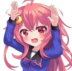 Rule 34 | +++, 1girl, ahoge, arms up, blue shirt, blush, collared shirt, commentary request, fang, hair between eyes, highres, kantai collection, long hair, long sleeves, neck ribbon, open mouth, pink ribbon, rabbit pose, red eyes, red hair, ribbon, shirt, sills, simple background, solo, upper body, uzuki (kancolle), very long hair, white background