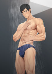 Rule 34 | 1boy, abs, absurdres, armpit hair, armpit hair peek, black hair, blue male swimwear, blush, bulge, cowboy shot, erection, erection under clothes, expressionless, hand on own chest, hand on own stomach, hand up, highres, looking at viewer, male focus, male swimwear, muscular, muscular male, naoki (xhju8282), navel hair, nipples, original, pectorals, short hair, showering, solo, standing, swim briefs, wet