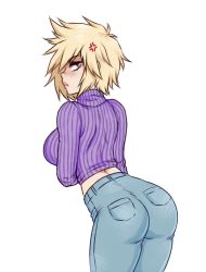 Rule 34 | 1girl, anger vein, ass, bakugou mitsuki, blonde hair, blush, boku no hero academia, breasts, commentary, denim, dojipan, english commentary, from behind, jeans, large breasts, leaning forward, lips, looking back, mature female, pants, purple sweater, red eyes, ribbed sweater, short hair, solo, spiked hair, sweater, turtleneck, turtleneck sweater, white background