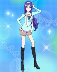 Rule 34 | 1girl, aono miki, artist request, black footwear, blue background, boots, casual, commentary, english commentary, eyelashes, fresh precure!, hairband, happy, highres, knee boots, kneehighs, long hair, looking at viewer, official art, one eye closed, precure, precure connection puzzlun, purple eyes, purple hair, scarf, shorts, smile, socks, solo, standing, third-party source