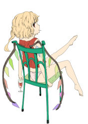 Rule 34 | 1girl, alcohol, bad id, bad pixiv id, barefoot, blonde hair, bottomless, chair, cup, drinking glass, embodiment of scarlet devil, feet, female focus, flandre scarlet, from behind, full body, glass, itsuki kuro, looking back, no headwear, no pants, orange eyes, outstretched leg, panties, pink panties, simple background, sitting, sleeveless, solo, touhou, underwear, wine, wine glass, wings