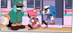 Rule 34 | 1girl, 2boys, adjusting clothes, adjusting headwear, amy rose, anchor symbol, animal ears, animal nose, aqua coat, aqua headwear, aqua pants, arm at side, arm behind back, arm up, blue fur, blue jacket, body fur, border, bottomless, broken, broken window, brown footwear, buttons, cake, candle, clenched hand, closed eyes, coat, conductor (the murder of sonic the hedgehog), digimin, dog boy, dog ears, dog tail, double-breasted, dress, ear covers, eyes in shadow, feather boa, flat chest, food, full body, furry, furry female, furry male, gloves, green eyes, grin, hairband, half-closed eyes, hand on own stomach, hand up, happy, hat, jacket, long sleeves, looking at another, looking to the side, multiple boys, official art, open mouth, orange eyes, pants, peaked cap, pink fur, puff of air, red dress, red footwear, red hairband, ring (sonic), shoes, sideways mouth, single ear cover, sleeveless, sleeveless dress, smile, socks, sonic (series), sonic the hedgehog, stairs, standing, sweat, tail, teeth, the murder of sonic the hedgehog, train, transparent border, two-tone fur, walking, white fur, white gloves, white socks, window
