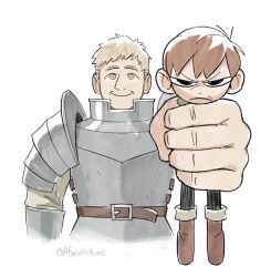 Rule 34 | 2boys, :i, angry, arm up, armor, artist name, black eyes, blonde hair, boots, bracer, brown eyes, brown footwear, brown hair, carrying, carrying person, chilchuck tims, commentary, dungeon meshi, english commentary, frown, full body, highres, laios touden, looking at viewer, male focus, mini person, miniboy, multiple boys, pauldrons, pocketbee, short hair, shoulder armor, smile, twitter username, upper body, very short hair