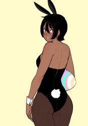Rule 34 | 1girl, :p, animal ears, ass, back, bare arms, bare shoulders, black hair, blue eyes, blush, breasts, rabbit ears, rabbit tail, commentary, curvy, dark skin, dark-skinned female, earrings, easter egg, egg, fake animal ears, fishnet pantyhose, fishnets, flat ass, hair between eyes, hip focus, jewelry, k&#039;lyn, leotard, looking back, medium breasts, original, oversized object, pantyhose, playboy bunny, razalor, seamed legwear, short hair, sideboob, solo, strapless, strapless leotard, stud earrings, tail, thighs, tongue, tongue out, very dark skin, wide hips, wrist cuffs, yellow background
