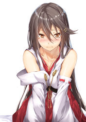 Rule 34 | 1girl, 3:, bare shoulders, black hair, blush, breasts, brown eyes, cleavage, closed mouth, collarbone, commentary request, detached sleeves, hair between eyes, hair ornament, hairclip, haruna (kancolle), kantai collection, kyougoku touya, large breasts, long hair, looking at viewer, nontraditional miko, sidelocks, simple background, sitting, solo, tearing up, white background