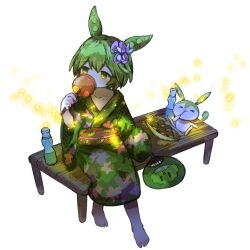 Rule 34 | &gt; &lt;, 1girl, alternate costume, arm at side, barefoot, bench, bottle, brown sash, candy apple, collarbone, commentary request, creature and personification, eating, feet, fireflies, floral print, flower, food, green hair, green kimono, hair flower, hair ornament, hand fan, hand up, highres, holding, holding fan, japanese clothes, kimono, long sleeves, obi, obijime, on bench, paper fan, pea pod, potapon, print kimono, print sash, purple flower, ramune, sash, short hair, simple background, sitting, sleeves past fingers, sleeves past wrists, solo, takoyaki, toes, uchiwa, voiceroid, voicevox, white background, wide sleeves, wooden bench, yellow eyes, yukata, zundamon
