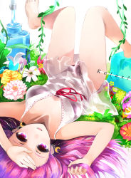 Rule 34 | 1girl, bare legs, crescent, earrings, english text, female focus, flower, grass, jewelry, koke (moromiso), long hair, open mouth, patchouli knowledge, purple eyes, purple hair, see-through, smile, solo, touhou, water