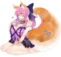 Rule 34 | 10s, 1girl, :q, animal ears, babydoll, bad id, bad twitter id, bare legs, bare shoulders, barefoot, bell, neck bell, blush, bottomless, breasts, cleavage, collar, dated, fate/extra, fate/grand order, fate (series), fox ears, fox tail, hair ribbon, heart, highres, kou mashiro, large breasts, long hair, looking at viewer, pink hair, ponytail, ribbon, seiza, signature, sitting, smile, solo, strap slip, tail, tamamo (fate), tamamo no mae (fate/extra), tongue, tongue out, yellow eyes
