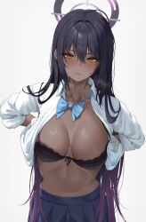 Rule 34 | 1girl, absurdres, ahoge, areola slip, arms behind back, black bra, black hair, blue archive, blue bow, blue bowtie, blue skirt, blush, bow, bow bra, bowtie, bra, breasts, breath, closed mouth, collarbone, commentary, dark-skinned female, dark skin, gradient hair, hair between eyes, hair over shoulder, halo, highres, karin (blue archive), large breasts, long hair, looking at viewer, multicolored hair, no navel, open clothes, open shirt, pleated skirt, purple hair, purple halo, renge (730), school uniform, shirt, skirt, sleeves rolled up, solo, sweat, symbol-only commentary, underwear, undressing, upper body, white background, white shirt, yellow eyes