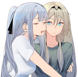 Rule 34 | 2girls, ak-12 (girls&#039; frontline), an-94 (girls&#039; frontline), blonde hair, blue eyes, blush, breasts, closed eyes, closed mouth, drooling, girls&#039; frontline, green shirt, grey hair, hair between eyes, hair ribbon, highres, long hair, medium breasts, mouth drool, multiple girls, open mouth, ribbon, shirt, short sleeves, simple background, sleeping, sleeping on person, talnory, upper body, white background, white shirt