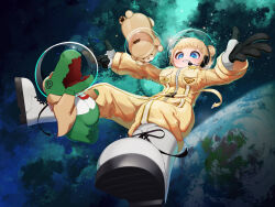 Rule 34 | 1girl, @ @, absurdres, alligator, appleblossomtea, astronaut, blonde hair, blue eyes, bodysuit, boots, bubba (watson amelia), commentary, crocodilian, dog, double bun, earth (planet), english commentary, full-length zipper, grin, hair bun, headset, helmet, highres, hololive, hololive english, investigator (amelia watson), official alternate costume, official alternate hairstyle, outstretched arms, planet, short hair, smile, solo focus, space, space helmet, spacesuit, virtual youtuber, watson amelia, watson amelia (astronaut), white footwear, yellow bodysuit, zipper