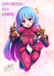 Rule 34 | absurdres, belt, blue hair, bodysuit, breasts, c.r., full body, gloves, happy birthday, highres, kula diamond, large breasts, long hair, looking at viewer, purple eyes, signature, smile, snowflakes, the king of fighters, v, wide hips, zipper