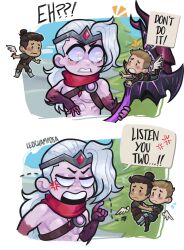 Rule 34 | 3boys, angel wings, anger vein, arrow (symbol), bow (weapon), colored skin, day, english text, grey eyes, grey skin, hand up, highres, holding, holding bow (weapon), holding weapon, league of legends, leochamposa, multiple boys, notice lines, outdoors, red scarf, scarf, speech bubble, teeth, tree, varus, weapon, wings