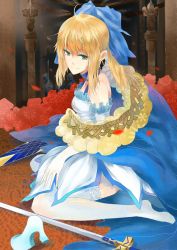 Rule 34 | 1girl, absurdres, ahoge, alternate costume, artoria pendragon (fate), avalon (fate/stay night), bad id, bad pixiv id, blonde hair, caliburn (fate), cape, citemer, dress, elbow gloves, excalibur (fate/stay night), fate/zero, fate (series), flower, gloves, green eyes, hair flower, hair ornament, hair ribbon, highres, lace, lace-trimmed legwear, lace trim, liuruoyu8888, ribbon, rose, saber (fate), sitting, smile, solo, sword, thighhighs, wariza, weapon