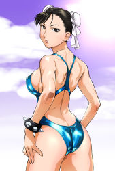 Rule 34 | 1990s (style), 1girl, ass, back, black hair, bracelet, breasts, brown eyes, bun cover, capcom, chun-li, competition swimsuit, double bun, covered erect nipples, flat ass, jewelry, lipstick, looking back, makeup, medium breasts, one-piece swimsuit, short hair, sideboob, solo, spiked bracelet, spikes, street fighter, street fighter ii (series), swimsuit, ueyama michirou
