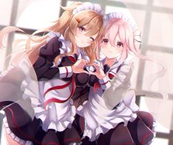 Rule 34 | 2girls, adapted costume, alternate costume, apron, black dress, curtains, dress, enmaided, frilled apron, frills, hair flaps, hair ribbon, harusame (kancolle), heart, heart hands, heart hands duo, kantai collection, light brown hair, long hair, looking at viewer, maid, maid headdress, multiple girls, murasame (kancolle), murasame kai ni (kancolle), neckerchief, pink hair, red eyes, red neckerchief, ribbon, sa-ya2, sailor collar, side ponytail, two side up, white apron, white sailor collar, window