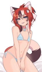Rule 34 | 1girl, animal ear fluff, animal ears, bikini, blue eyes, breasts, calico, cat ears, cat girl, cat hair ornament, cat tail, collar, eyeshadow, freckles, hair ornament, highres, ivy (nyaivie), looking at viewer, makeup, mole, multicolored hair, nail polish, navel, nyaivie, open mouth, original, paw print, red hair, short hair, slit pupils, small breasts, smile, striped bikini, striped clothes, swimsuit, tail, thighs