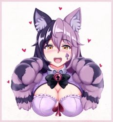 Rule 34 | 1girl, :d, absurdres, animal ear fluff, animal ears, animal hands, bell, black bow, black bowtie, blush, border, bow, bowtie, breasts, cat ears, cheshire cat (monster girl encyclopedia), cleavage, cleavage cutout, clothing cutout, commentary, english commentary, facial mark, fur, hair between eyes, happy, heart, highres, jingle bell, large breasts, long hair, looking at viewer, monster girl encyclopedia, multicolored hair, neck bell, open mouth, orange eyes, paw pose, pink border, purple eyes, simple background, smile, solo, teeth, two-tone hair, upper body, upper teeth only, white background, wlper