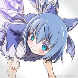 Rule 34 | 1girl, bent over, blue bow, blue hair, blush, bow, cirno, feet out of frame, hair between eyes, hair bow, ice, ice wings, legs apart, looking at viewer, shiroi karasu, smile, solo, touhou, wings