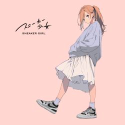 Rule 34 | 1girl, absurdres, grey footwear, haluchilu, hands in pockets, highres, looking at viewer, nike (company), original, product placement, red hair, shoes, simple background, skirt, sneakers, solo, white skirt