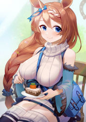 Rule 34 | 1girl, animal ears, bag, between breasts, blue bow, blue eyes, blue scrunchie, bow, braid, breasts, brown hair, cake, chinese commentary, commentary, english commentary, food, fork, hair between eyes, hair bow, hair ornament, hair scrunchie, handbag, highres, holding, holding fork, holding plate, horse ears, horse girl, large breasts, long hair, looking at viewer, mixed-language commentary, plate, qi&#039;e (penguin), ribbed sweater, scrunchie, sitting, sleeveless, sleeveless sweater, smile, solo, strap between breasts, super creek (umamusume), sweater, thighhighs, turtleneck, turtleneck sweater, umamusume, very long hair, white sweater