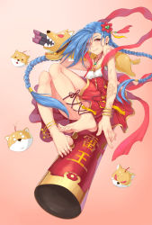 Rule 34 | absurdres, barefoot, blue hair, braid, chinese clothes, dog, feet, flower, hair flower, hair ornament, highres, jinx (league of legends), league of legends, long hair, looking at viewer, parted lips, pink eyes, toes, twin braids, twintails, weapon