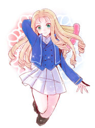 Rule 34 | 1girl, arm up, bc freedom military uniform, blonde hair, blue jacket, blue vest, buttons, closed mouth, cropped legs, double-breasted, drill hair, girls und panzer, green eyes, hand fan, highres, holding, holding fan, jacket, long hair, long sleeves, looking at viewer, marie (girls und panzer), mimoe, parted bangs, simple background, skirt, smile, solo, vest, white background, white skirt