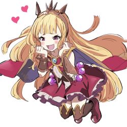 Rule 34 | 10s, 1girl, :d, blonde hair, blush, brown thighhighs, cagliostro (granblue fantasy), cape, full body, granblue fantasy, hairband, heart, hibimegane, jewelry, long hair, open mouth, pendant, pink footwear, purple eyes, red skirt, shoes, simple background, skirt, sleeveless, smile, solo, thighhighs, very long hair, white background, zettai ryouiki