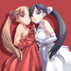 Rule 34 | 2girls, bad id, bad pixiv id, bare shoulders, black hair, blue eyes, breast press, breasts, brown hair, dress, elbow gloves, gloves, knucklecurve, long hair, multiple girls, ponytail, red eyes, strapless, strapless dress, symmetrical docking, twintails, yuri