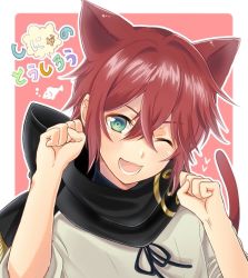 Rule 34 | 10s, 1boy, ;d, animal ears, bad id, bad pixiv id, cat boy, cat ears, cat tail, fish, green eyes, ichigo seika, male focus, one eye closed, open mouth, paw pose, personification, red hair, scarf, shinano toushirou, smile, solo, tail, touken ranbu, upper body