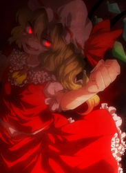 Rule 34 | 1girl, ascot, bad id, bad pixiv id, blonde hair, clenched hand, flandre scarlet, glowing, glowing eyes, hat, onyuuuu, open mouth, red eyes, short hair, side ponytail, skirt, skirt set, smile, solo, touhou, wings