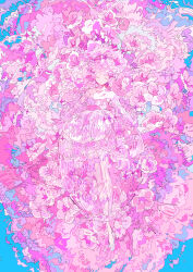 Rule 34 | 1girl, absurdres, bare shoulders, blue background, breasts, cherry blossoms, closed eyes, curly hair, detached sleeves, dress, eyelashes, facing viewer, flower, full body, glass slipper, hairband, highres, long hair, n79oqc3yja6jlof, original, parted lips, petals, pink dress, pink flower, pink hair, pink theme, puffy sleeves, see-through, simple background, small breasts, solo, sparkle, very long hair