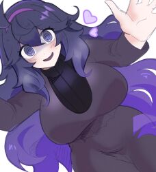 Rule 34 | 1girl, :d, @ @, ahoge, alternate breast size, black hair, black sweater, breasts, commentary, creatures (company), dress, eyelashes, game freak, grey eyes, hair between eyes, hairband, heart, hex maniac (pokemon), highres, large breasts, long hair, long sleeves, looking at viewer, nintendo, ochacolle, open mouth, pokemon, pokemon xy, purple hairband, raised eyebrows, sidelocks, smile, solo, sweater, sweater under dress, white background