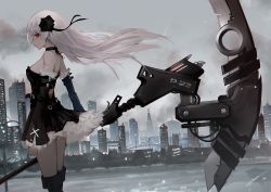 Rule 34 | 1girl, arms at sides, black choker, black dress, black footwear, boots, breasts, buckle, choker, chromatic aberration, city, closed mouth, cloud, cloudy sky, commentary, cyberpunk, day, detached sleeves, dress, erospanda, expressionless, floating hair, frilled dress, frilled sleeves, frills, from side, hair ornament, highres, holding, holding weapon, huge weapon, long hair, long sleeves, original, outdoors, profile, red eyes, river, scythe, sideboob, signature, silver hair, sky, solo, standing, strapless, strapless dress, thigh boots, thighhighs, weapon, wind