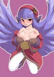 Rule 34 | 1girl, blush, breast hold, breast lift, breasts, coat, devil summoner, fang, hat, kneeling, long hair, mittens, muu shuwuu, noise (lesion949), pantyhose, purple hair, red eyes, solo, white pantyhose, winter clothes, winter coat