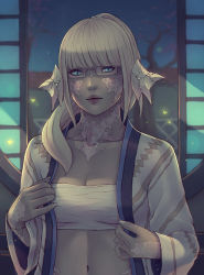 Rule 34 | 1girl, au ra, warrior of light (ff14), blonde hair, blue eyes, blurry, blurry background, breasts, cleavage, collarbone, commission, dragon horns, final fantasy, final fantasy xiv, glasses, horns, lips, long hair, looking at viewer, medium breasts, navel, open clothes, rimless eyewear, sarashi, scales, solo, soranamae, upper body, window