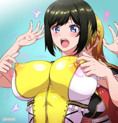 Rule 34 | 2girls, ^^^, aimoto rinku, akashi maho, aqua background, arrow (symbol), artist name, black hair, blonde hair, blue eyes, breasts, clenched teeth, commentary request, covered erect nipples, d4dj, fingernails, gradient background, hands up, heart, highres, joy ride, large breasts, multicolored hair, multiple girls, nipple stimulation, nipple tweak, open mouth, sharp teeth, short hair, smile, teeth, two-tone hair, upper body, yuri