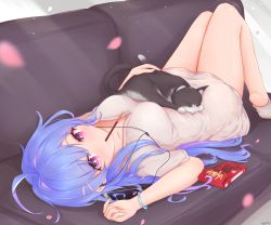 Rule 34 | 1girl, absurdres, animal on stomach, azur lane, black cat, blue hair, breasts, cat, cellphone, couch, dress, food, helena (azur lane), highres, kyl490, listening to music, looking at viewer, lying, medium breasts, multicolored hair, on back, petals, phone, pocky, purple hair, short sleeves, smartphone, solo, streaked hair, two-tone hair, white dress