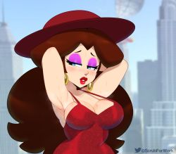 Rule 34 | 1girl, armpits, arms behind head, artist name, blue eyes, blush, breasts, brown hair, building, city, cleavage, collarbone, donkey kong (series), dress, earrings, eyelashes, eyeshadow, fedora, furrowed brow, hat, highres, jewelry, large breasts, lips, lipstick, long hair, looking to the side, makeup, mario (series), nintendo, nose, parted lips, pauline (mario), purple eyeshadow, red dress, red hat, red lips, sideboob, sleeveless, sleeveless dress, solo, somescrub, strap gap, super mario odyssey, sweat, thick lips, twitter username, upper body